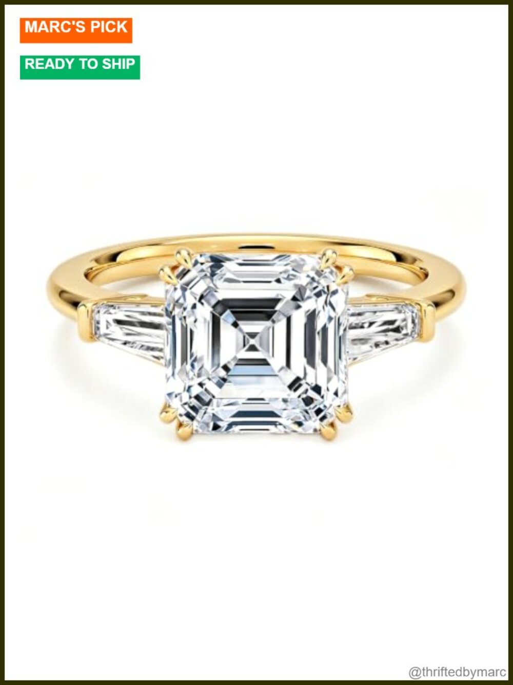 3ct Asscher Moissanite Engagement Ring 18K Gold Plated 925 Silver